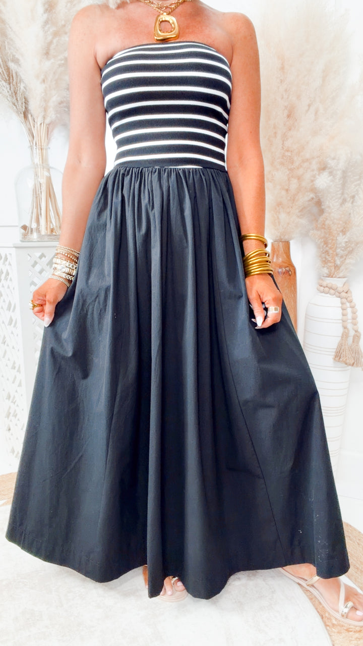 The Seaview Stripe Maxi Dress-Black
