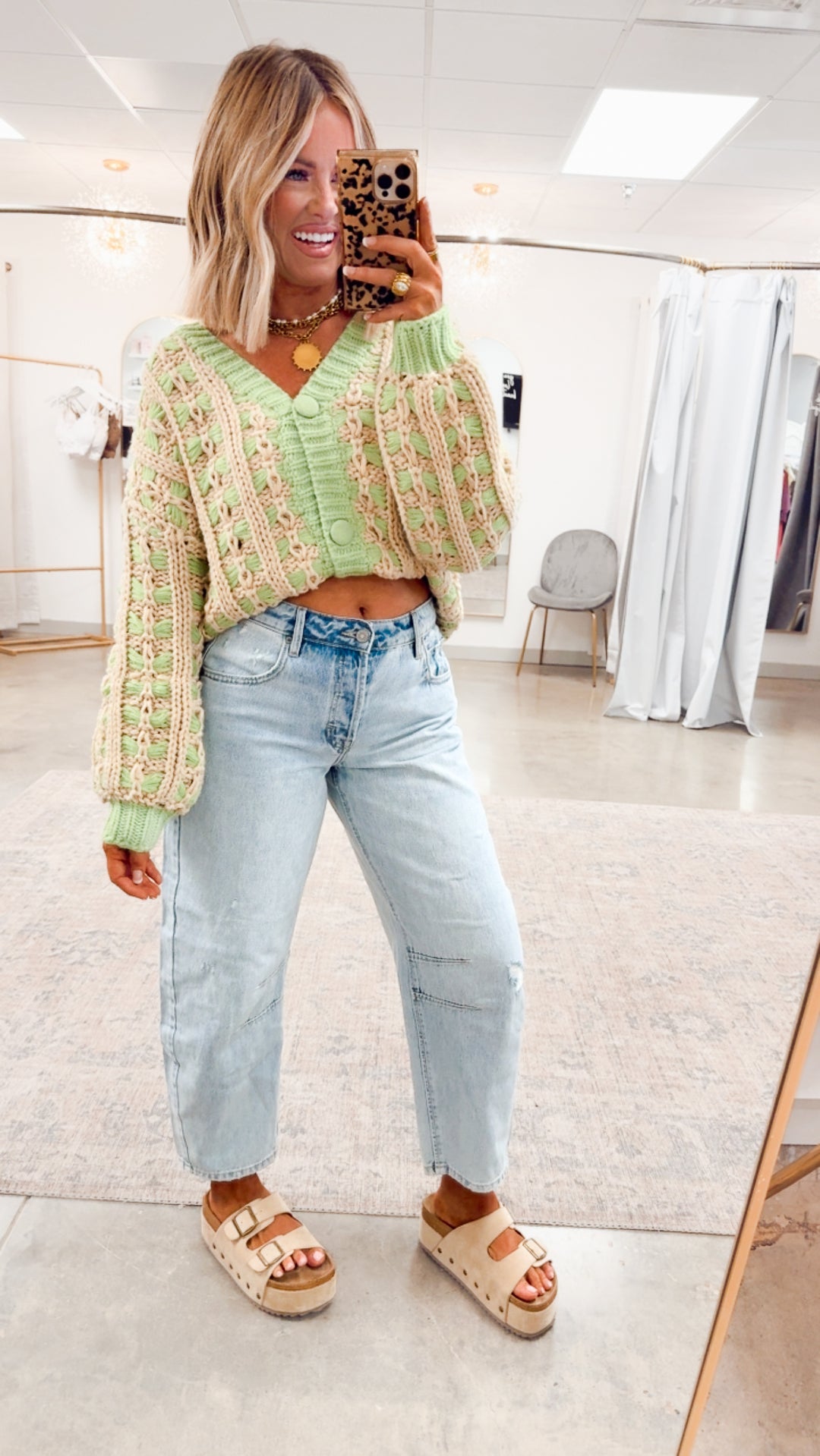 Chunky Lattice Cardigan-Green/Taupe