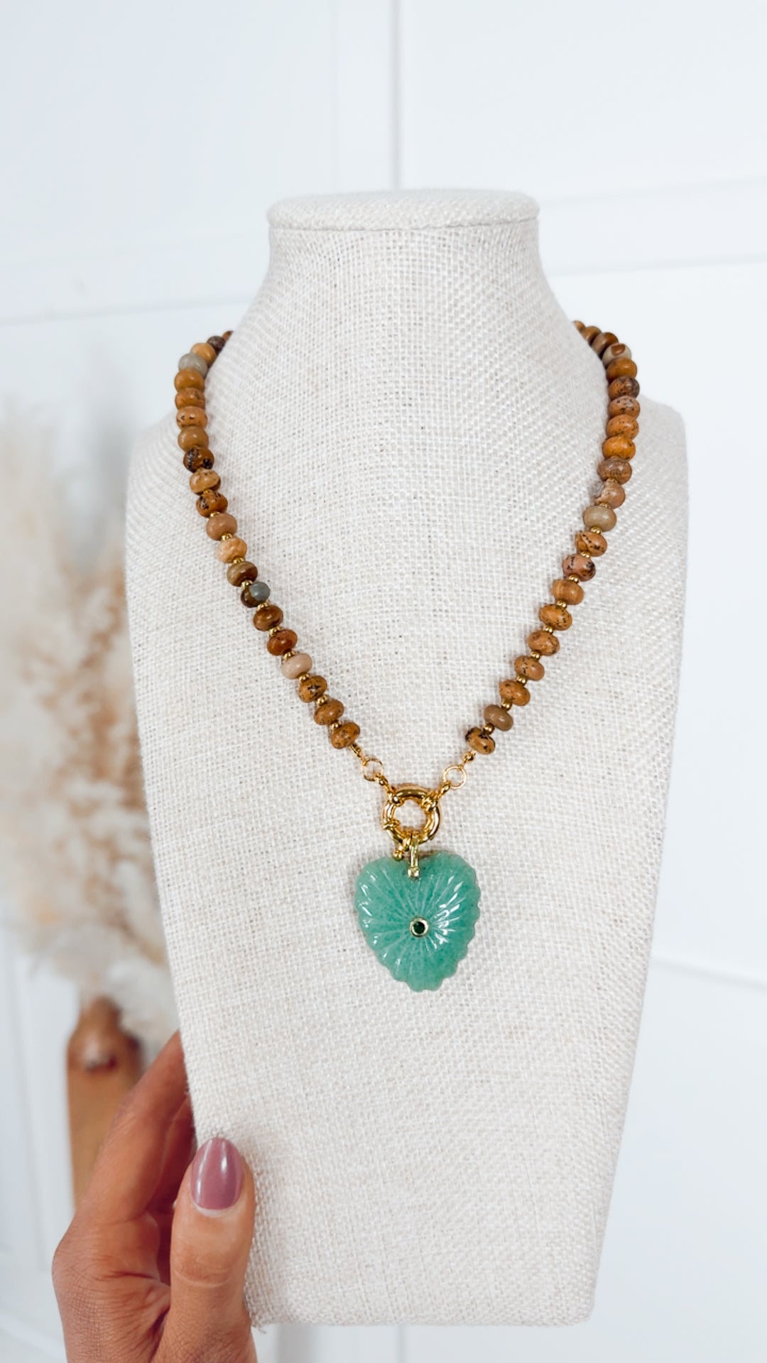 The Kendall Beaded Necklace with Heart Pendant-Tan