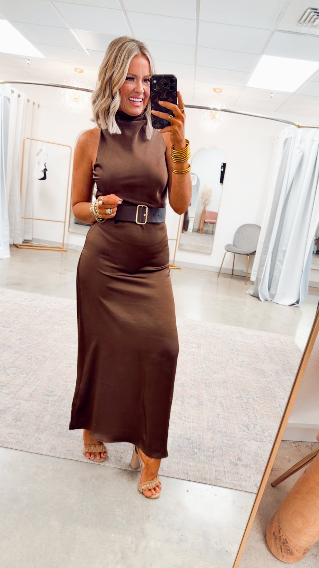 Halo High Neck Midi Dress-Brown Small