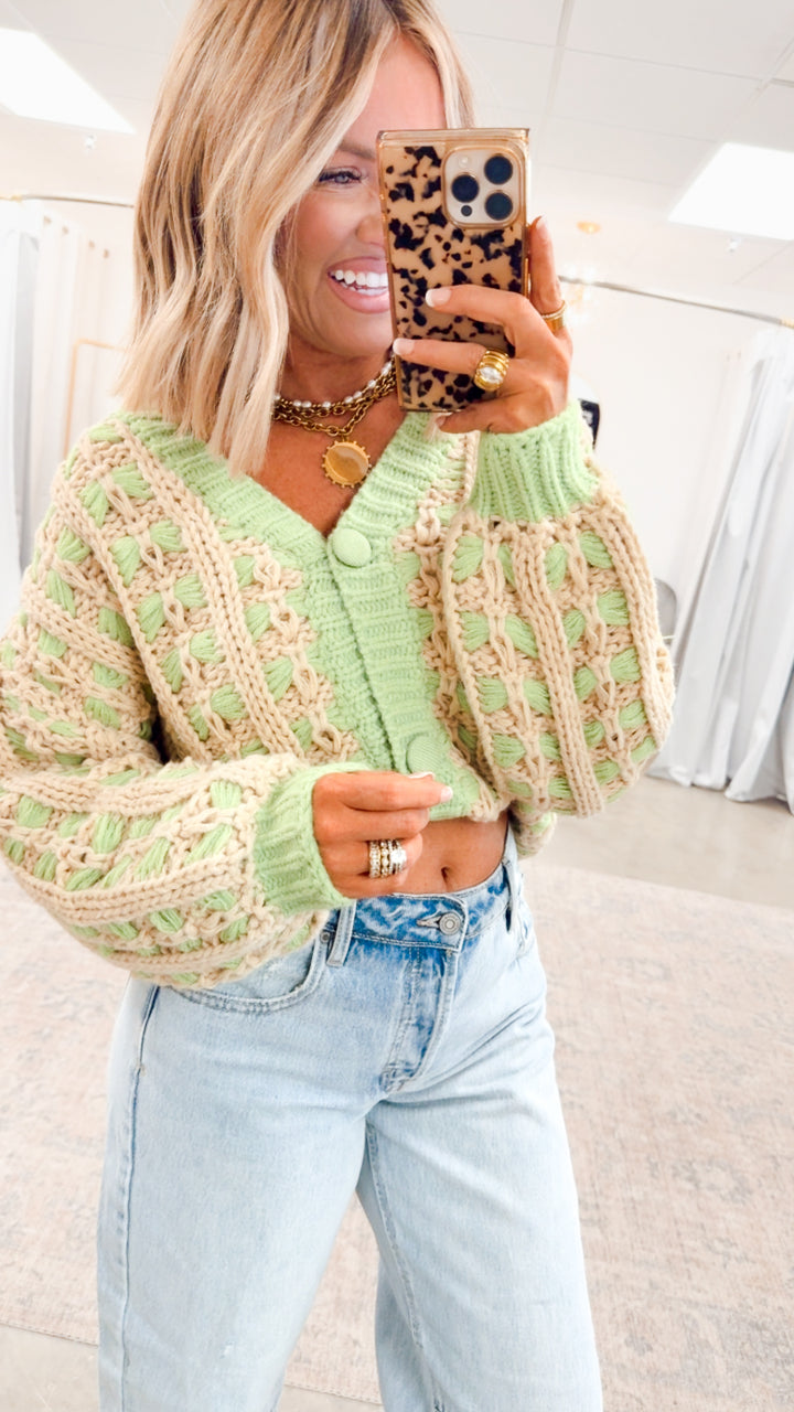 Chunky Lattice Cardigan-Green/Taupe
