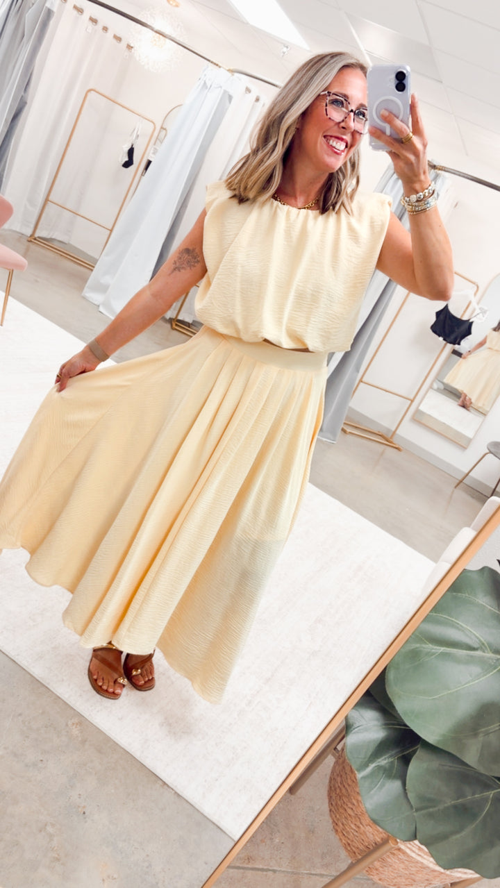 The Arden Balloon Top & Pleated Midi Skirt Set-Yellow