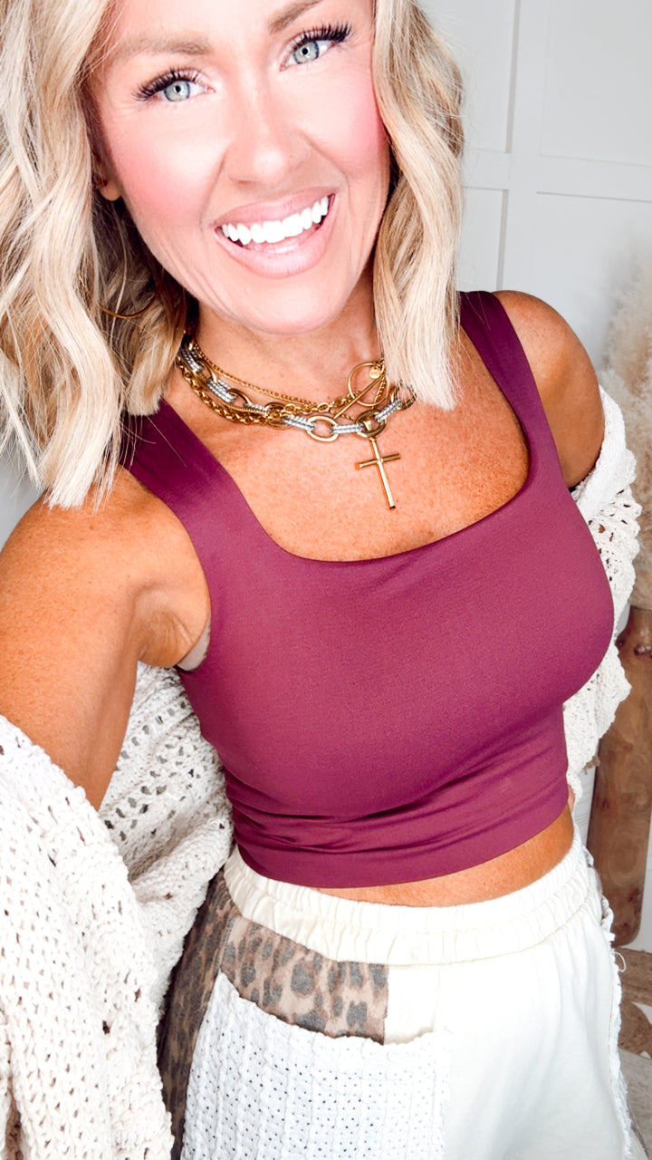 Elle Square Neck Tank-Maroon