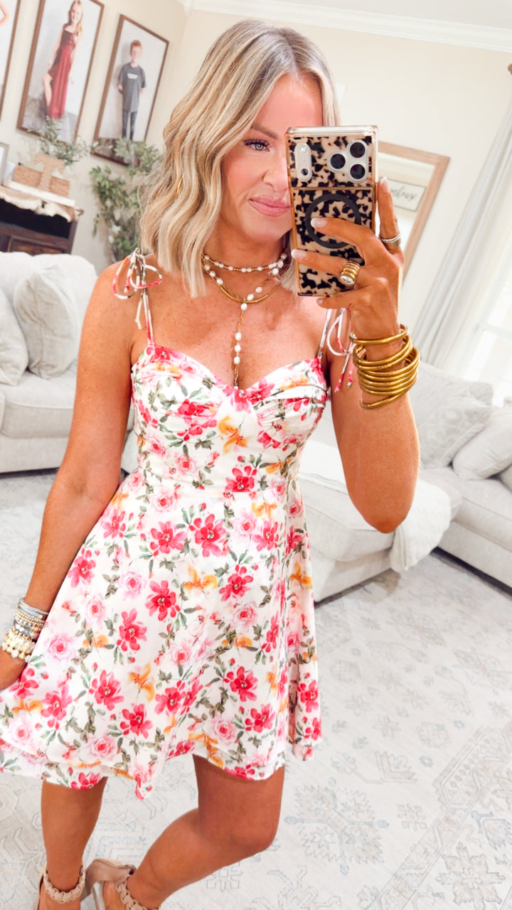 Sweet Peony Mini Dress-Ivory/Red