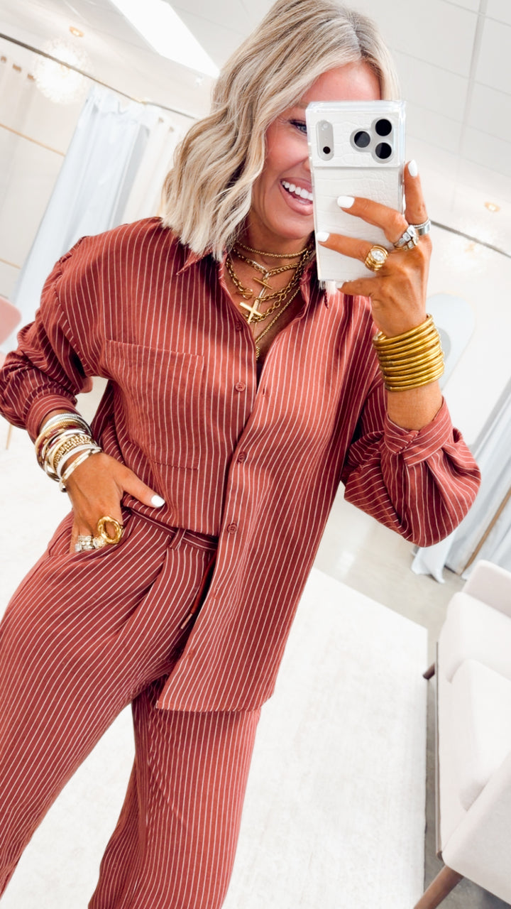 Lexi Pinstripe Top & Pants Set-Burgundy