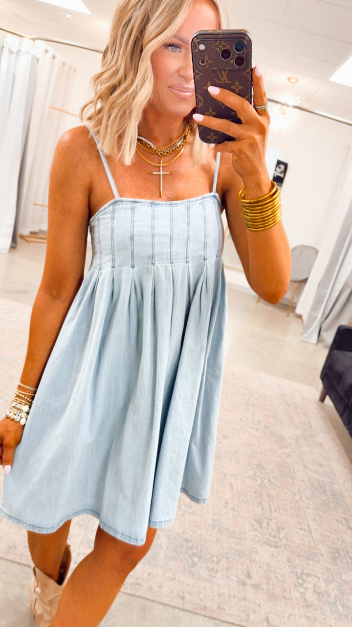 Teagan Pleated Mini Dress-Light Denim