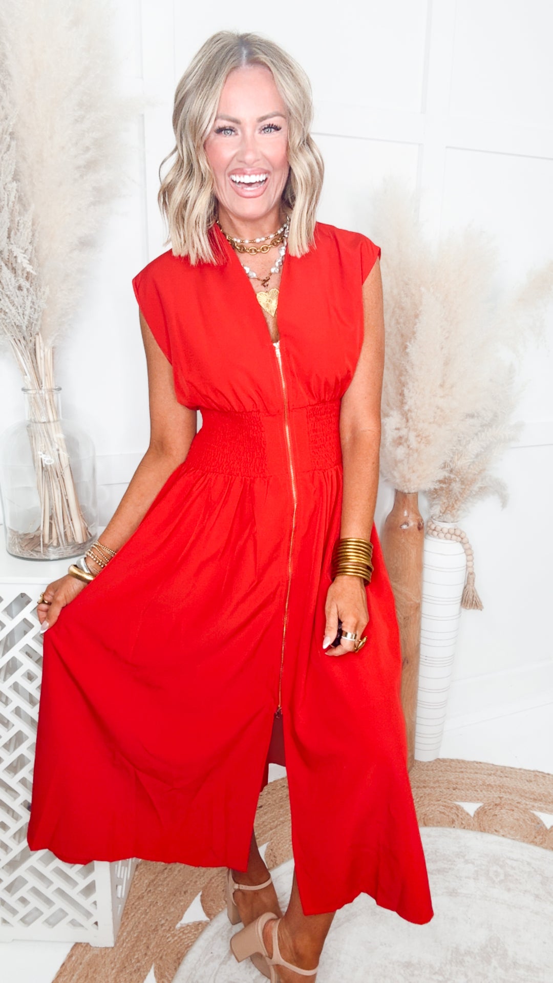 The Aveline Smocked Midi Dress-Red