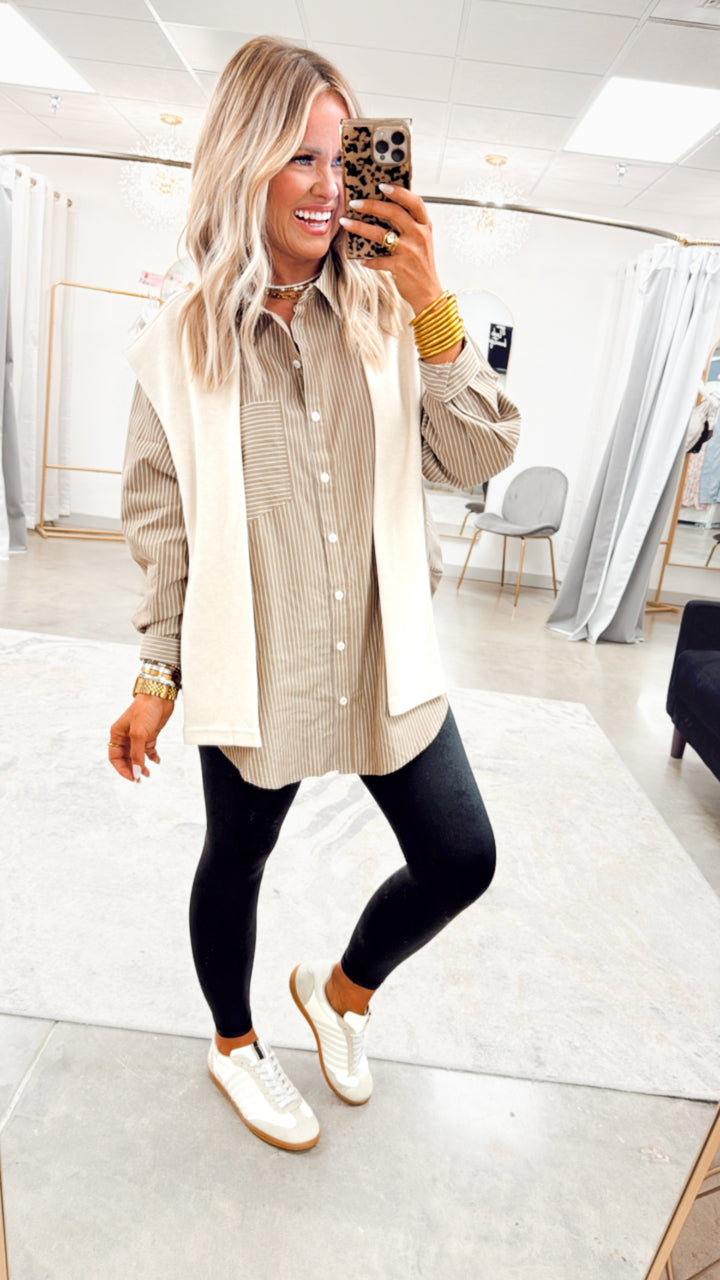 Evelyn Striped Top-Ash Olive