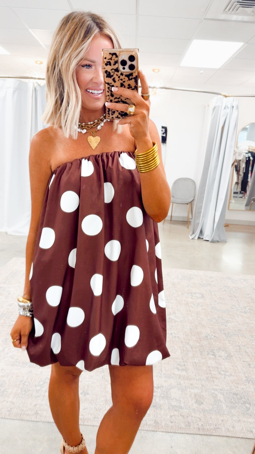 Darling Polka Dot Bubble Hem Dress-Brown/Ivory