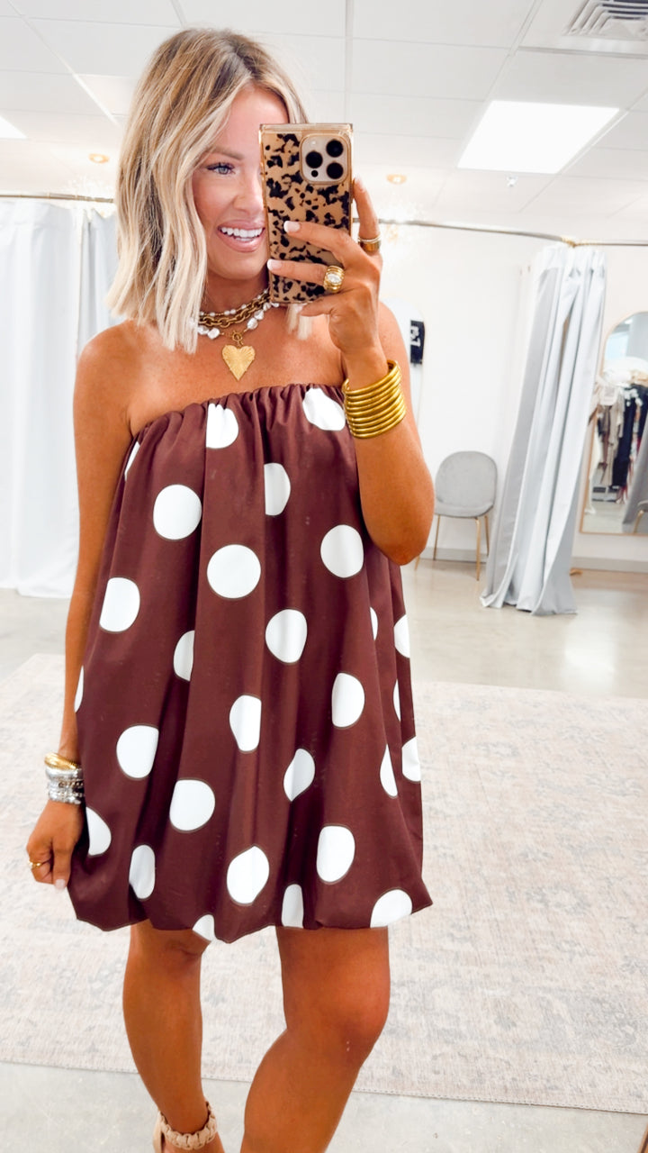 Darling Polka Dot Bubble Hem Dress-Brown/Ivory