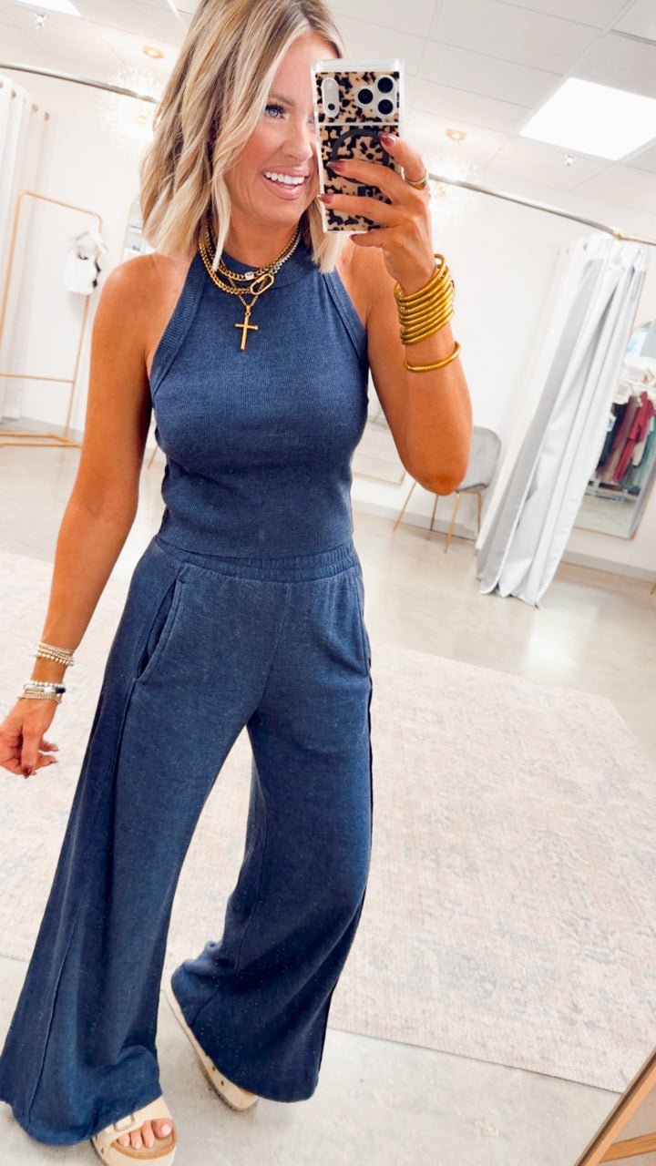 Harlow Halter Neck Crop Top & Pants Set-Navy