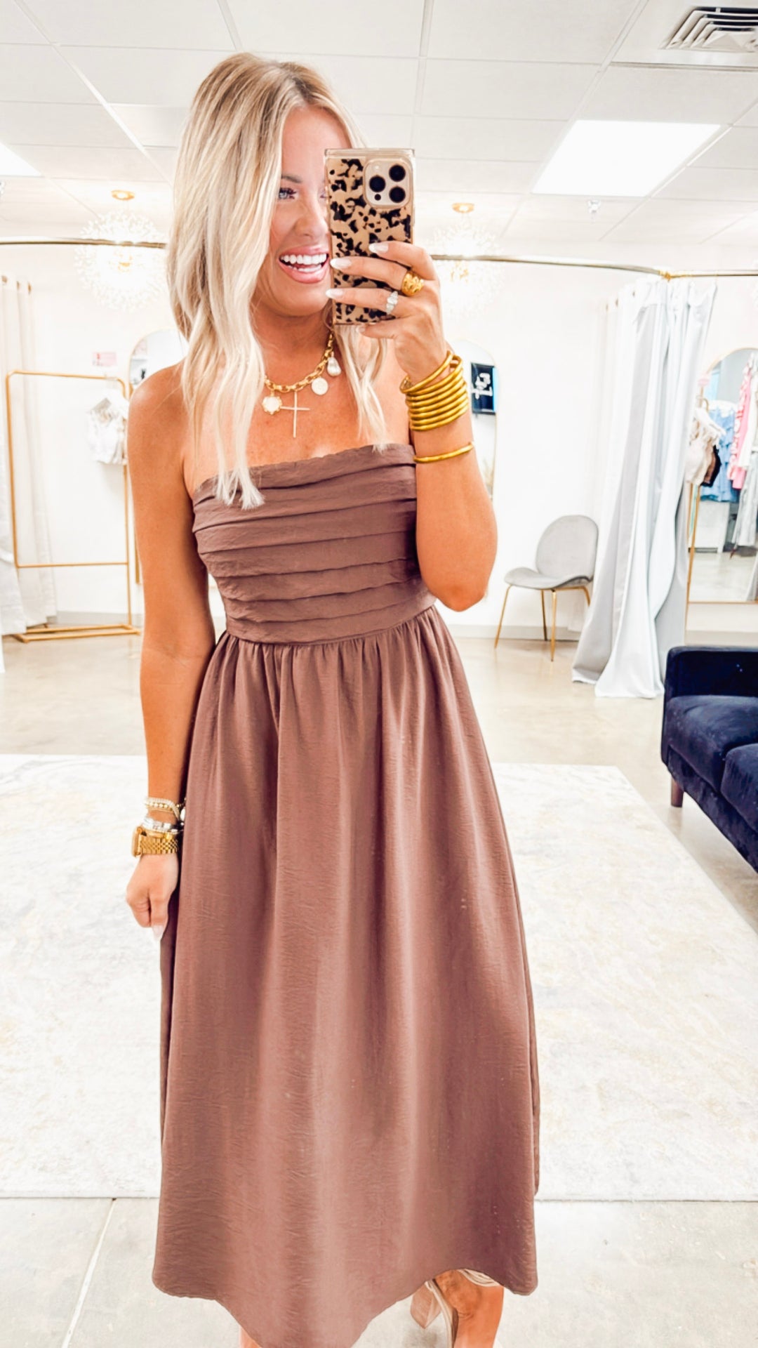 Pleated Bodice Strapless Midi Sundress- Brown