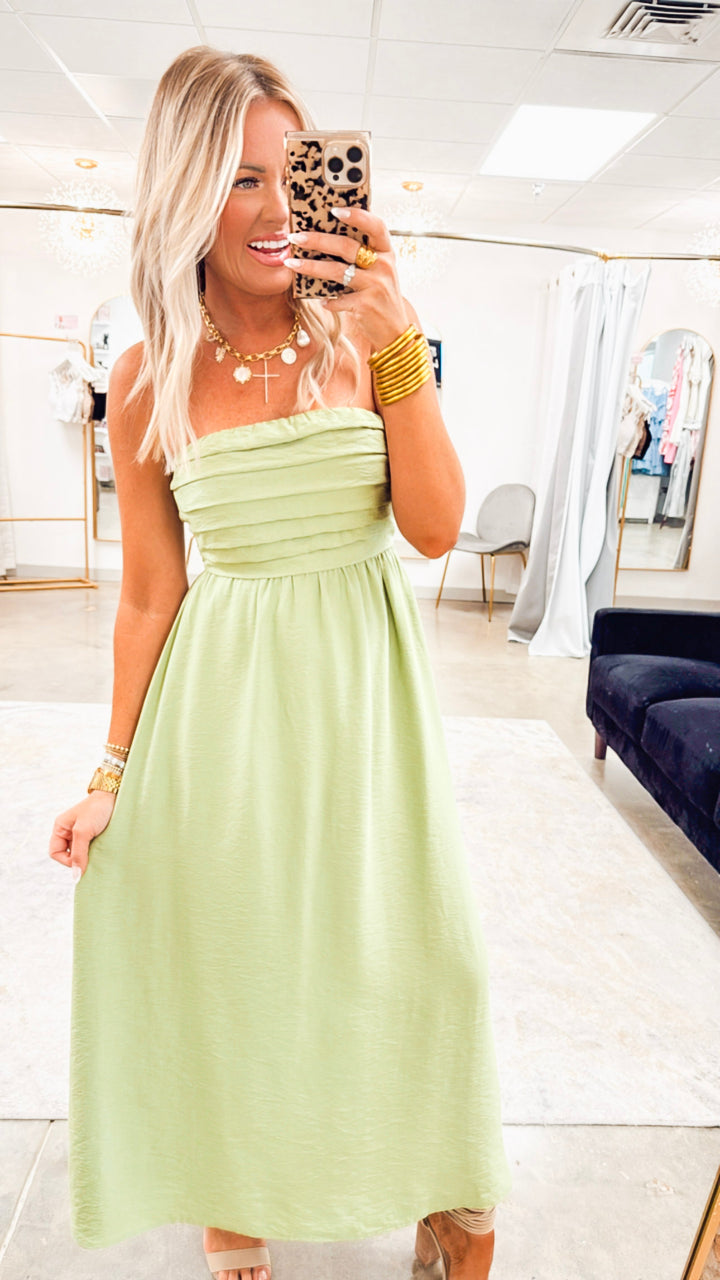 Pleated Bodice Strapless Midi Sundress- Green
