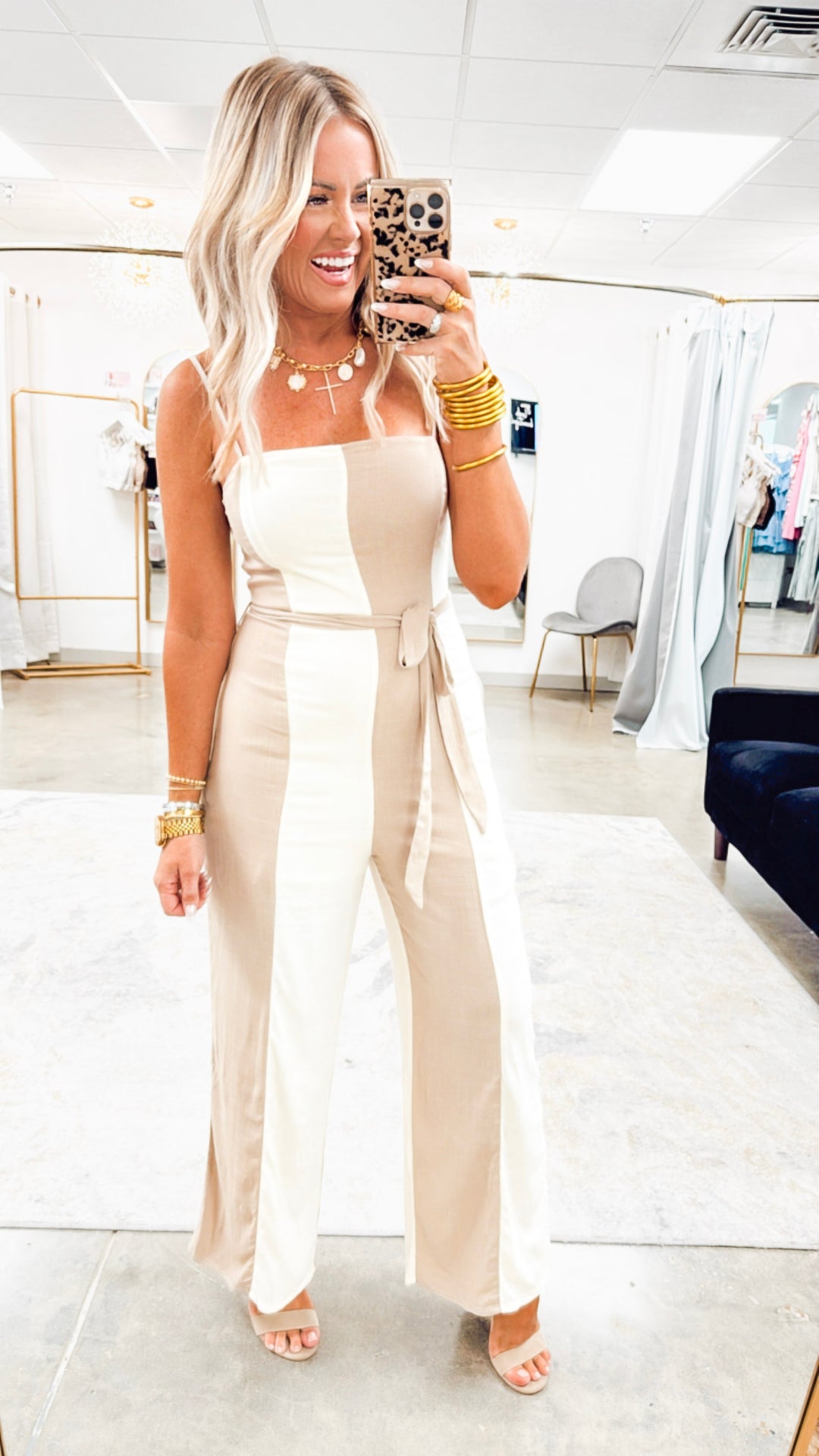 Wide Stripe Belted Jumpsuit- Taupe