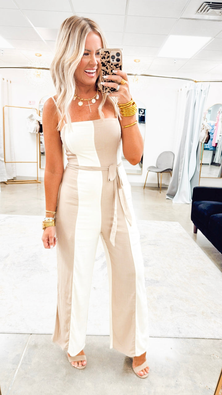Wide Stripe Belted Jumpsuit- Taupe