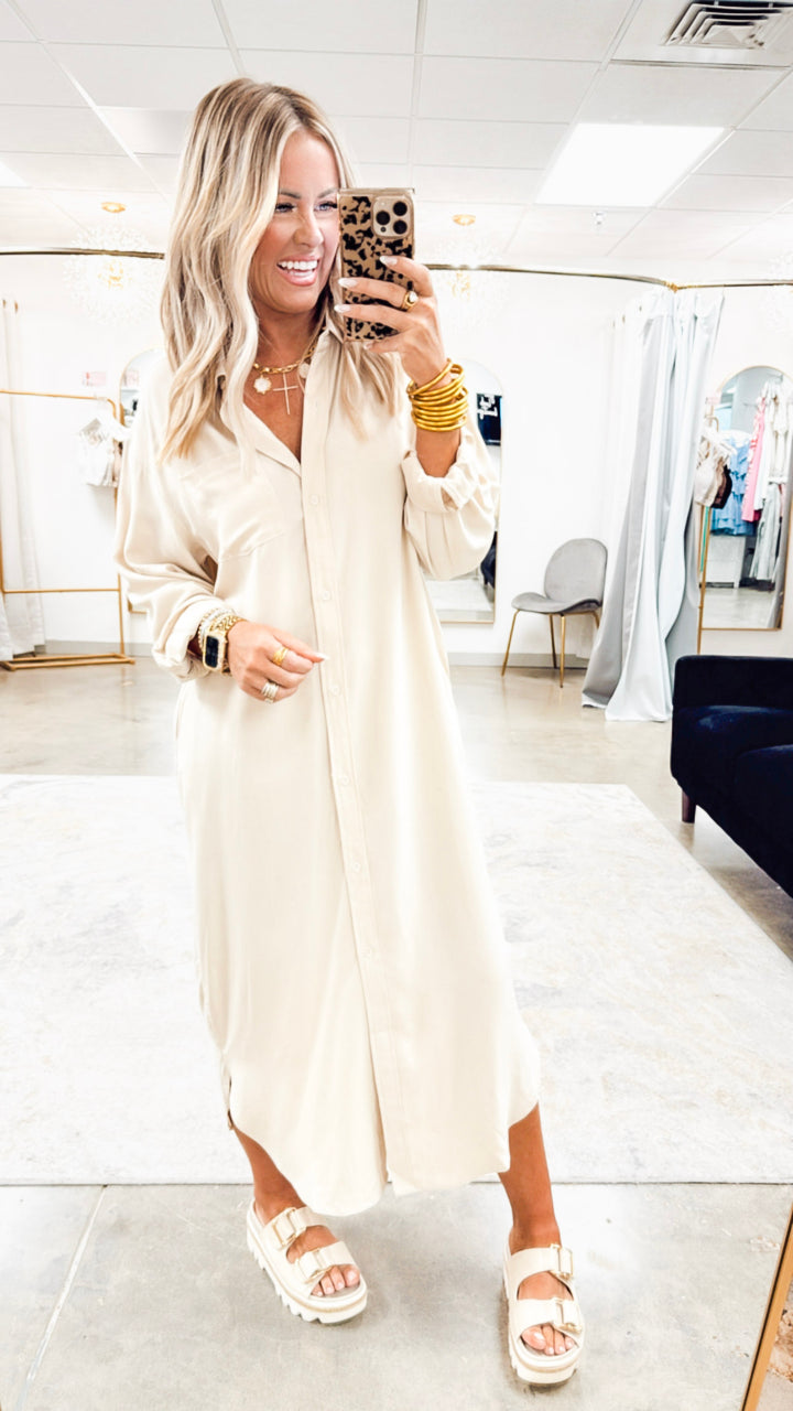 The Elle Oversized Midi Shirt Dress- Taupe