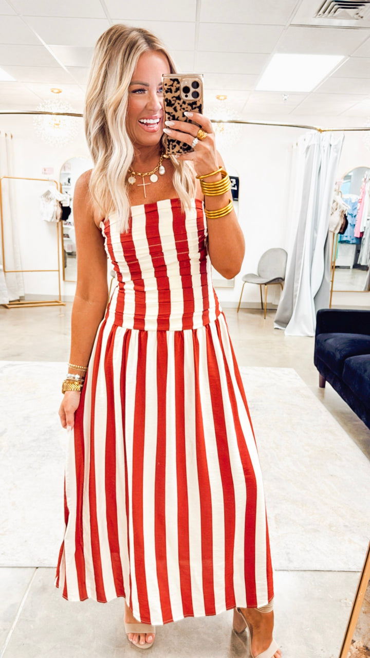 Vertical Stripe Strapless Midi Dress-Red