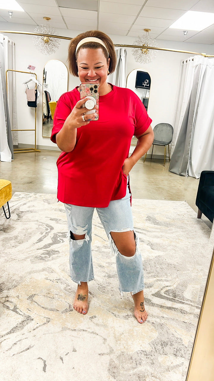 Rolled Sleeve Side Slit Hi-Low Hem Curvy Girl Top