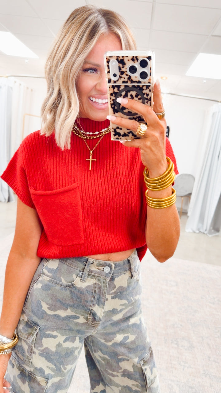 Dani Ribbed Short Sleeve Sweater-Red