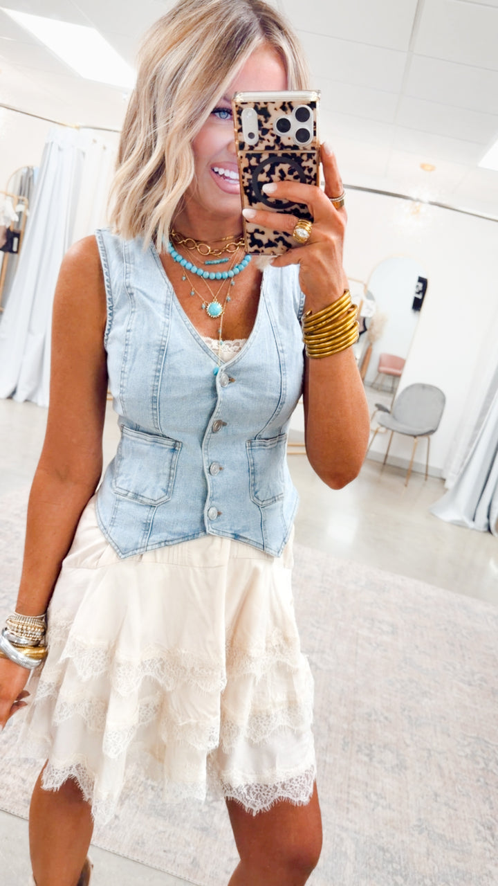 Scallop Lace Slip Mini Dress-Cream