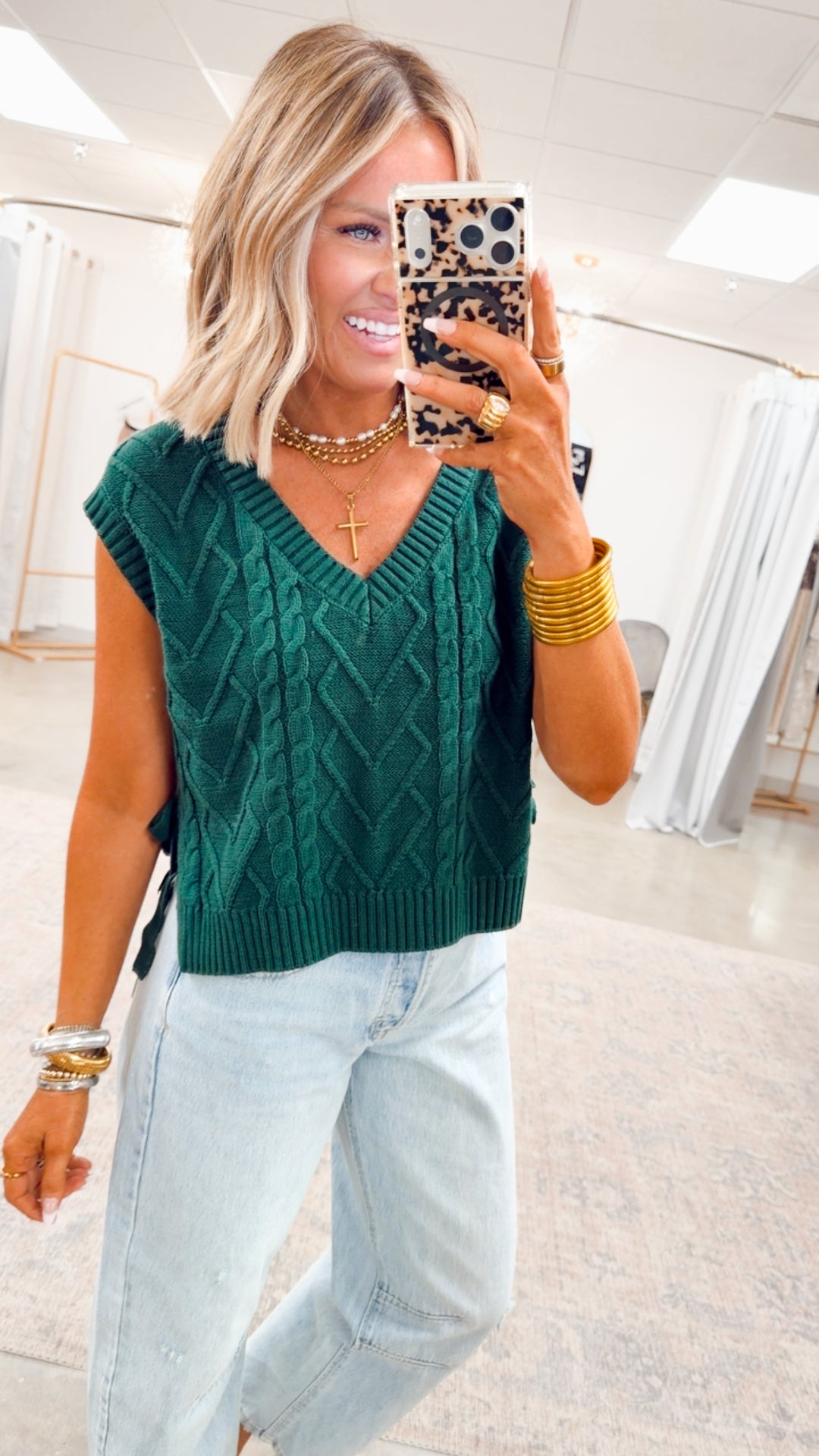 Lena Cable Knit Sweater Top-Green