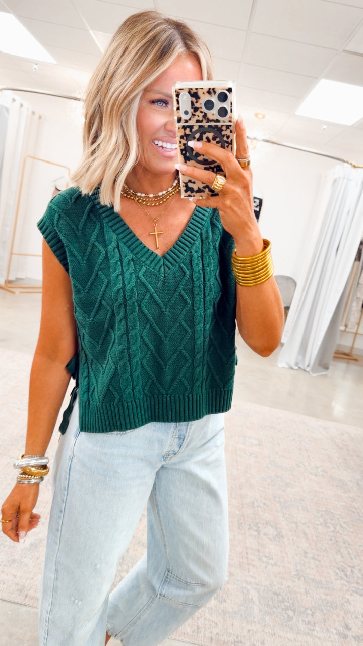 Lena Cable Knit Sweater Top-Green