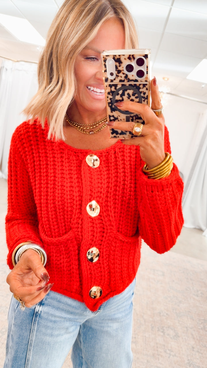 Callie Button Up Cardigan Top-Red