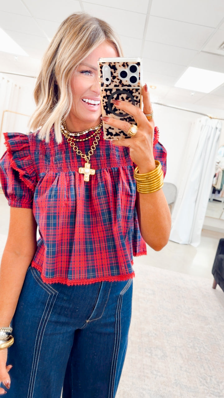 Plaid Tidings Top-Red/Navy