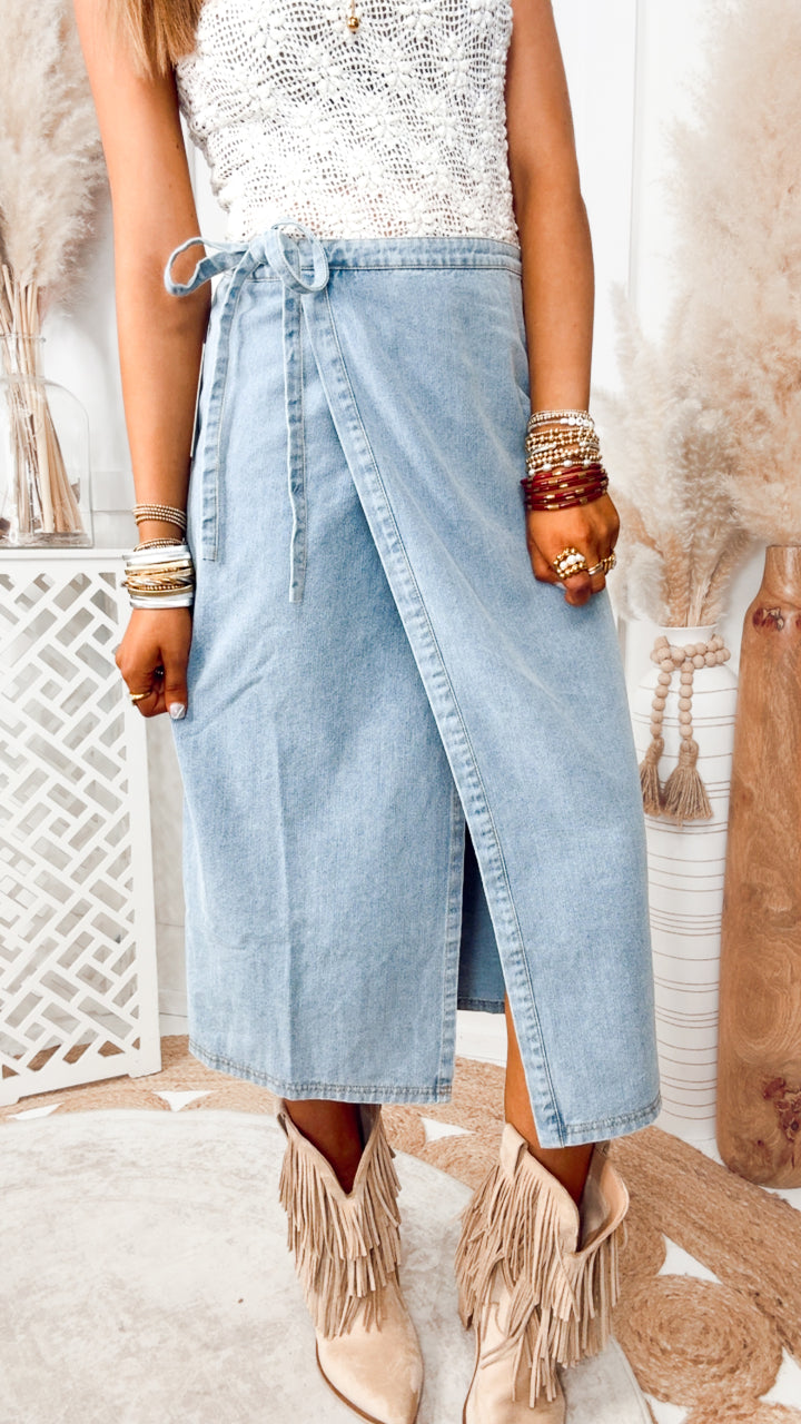 The Washed Denim Wrap Midi Skirt-Light