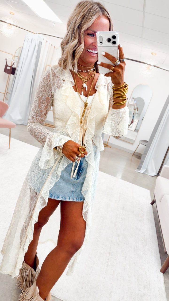 Sheer Lace Ruffle Duster-Ecru