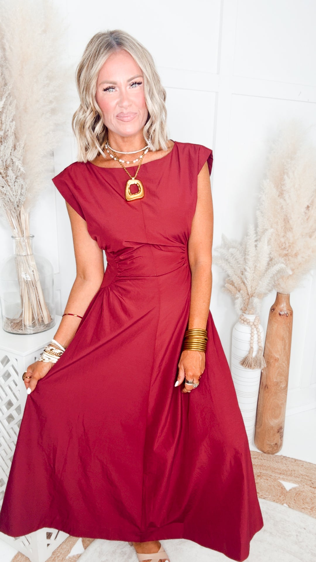 Marigold Ruched Midi Dress-Wine