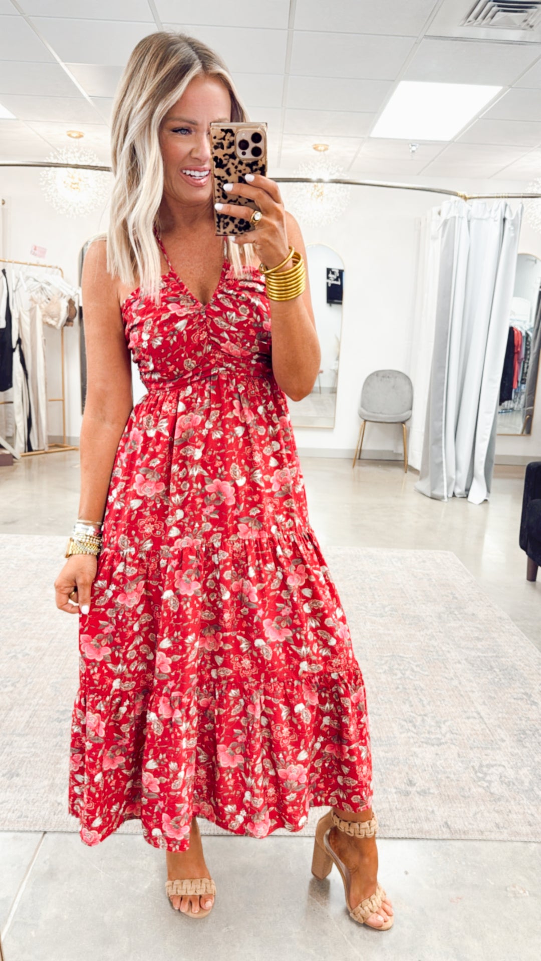 Cascade Halter Tiered Midi Dress