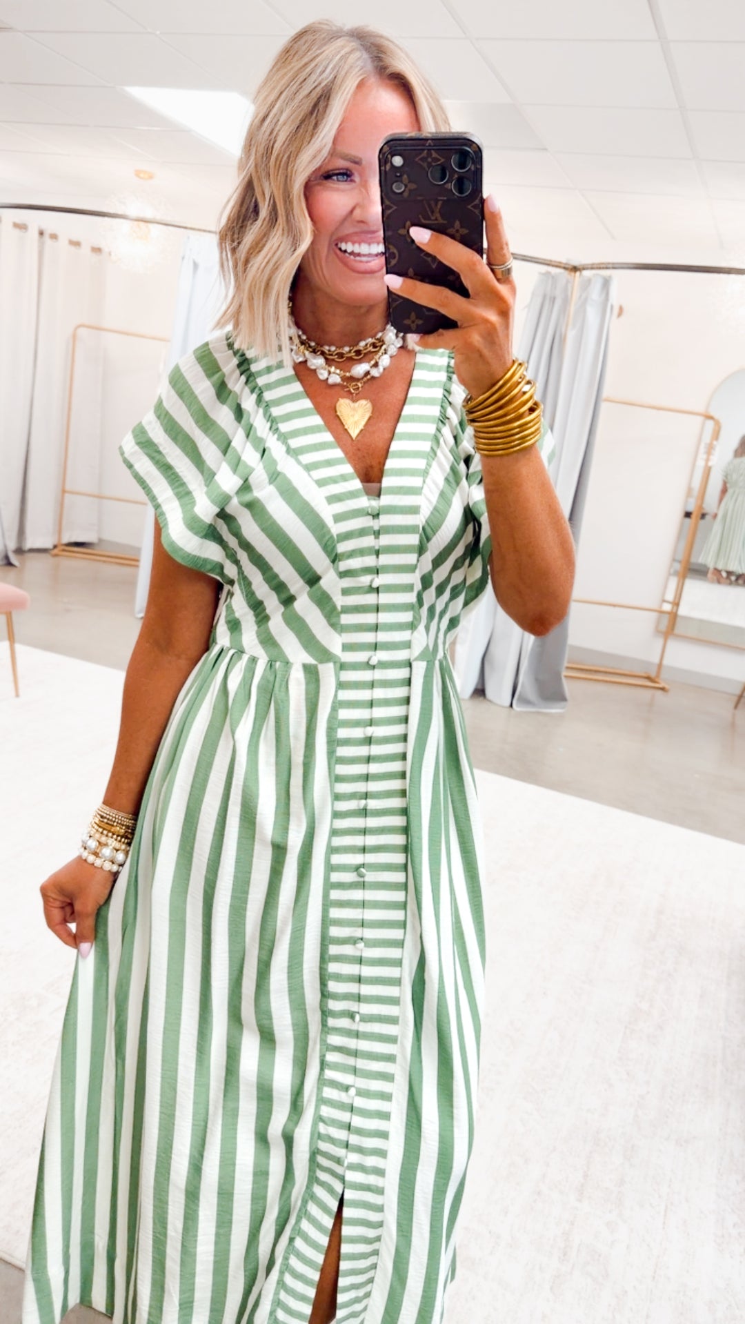 The Harbor Stripe Midi Dress-Green