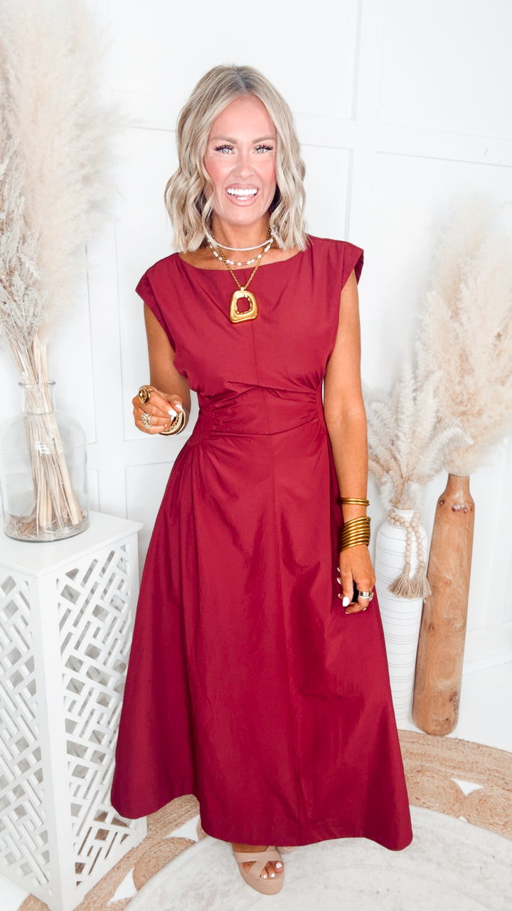 Marigold Ruched Midi Dress-Wine