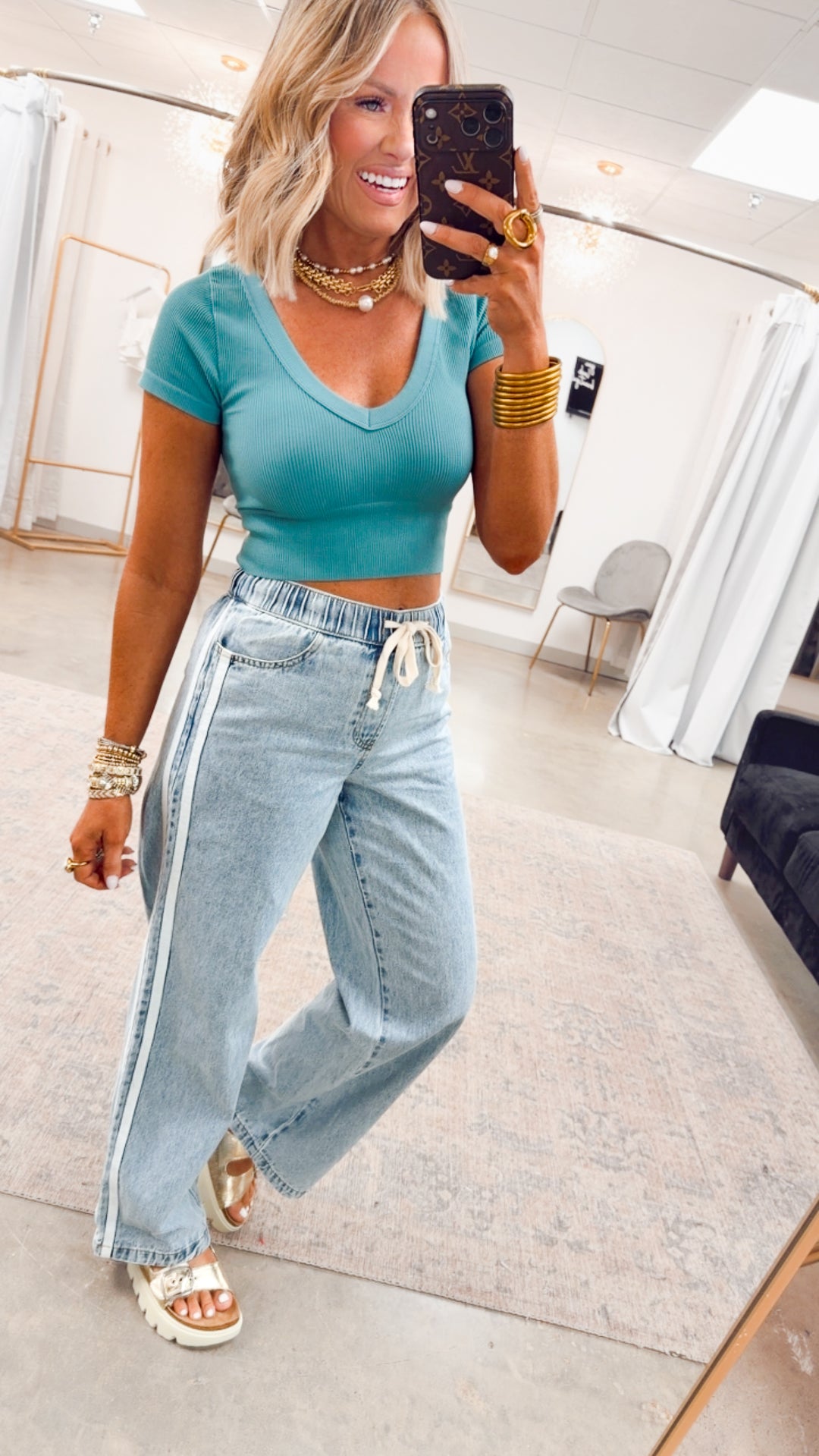 Everly V Neck Cropped Tee-Dusty Teal