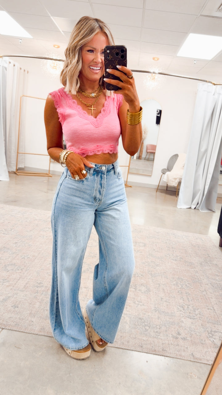 Noa Lace Crop Tank-Fuchsia