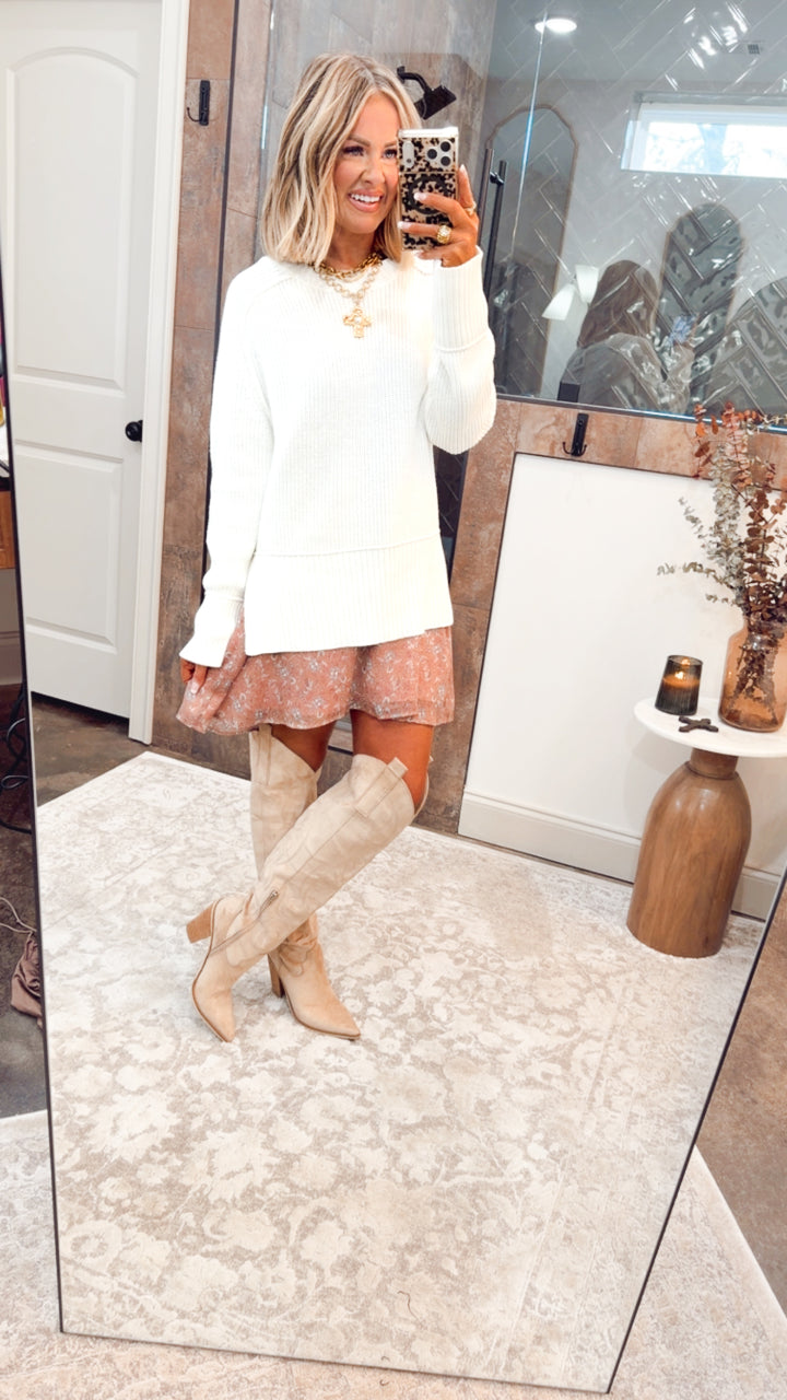 Crystal Side Slit Sweater-Cream