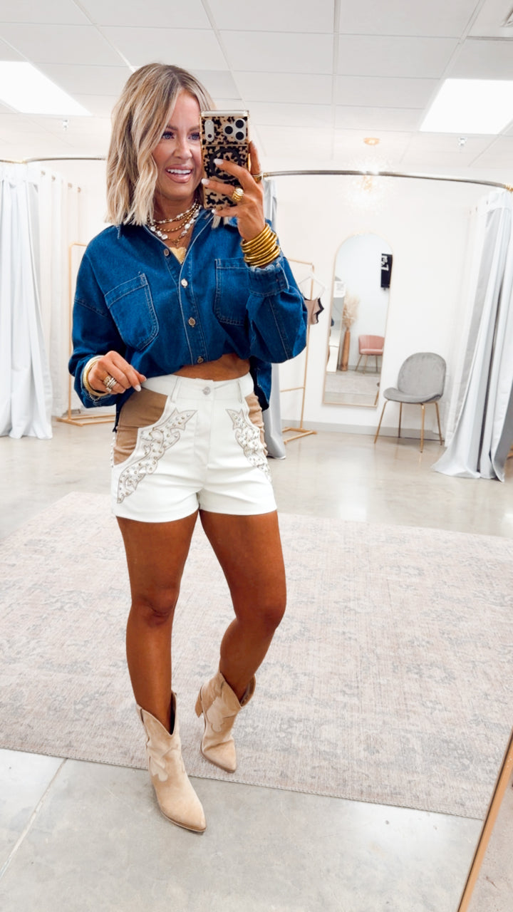 Faux Leather Rhinestone Studs Shorts