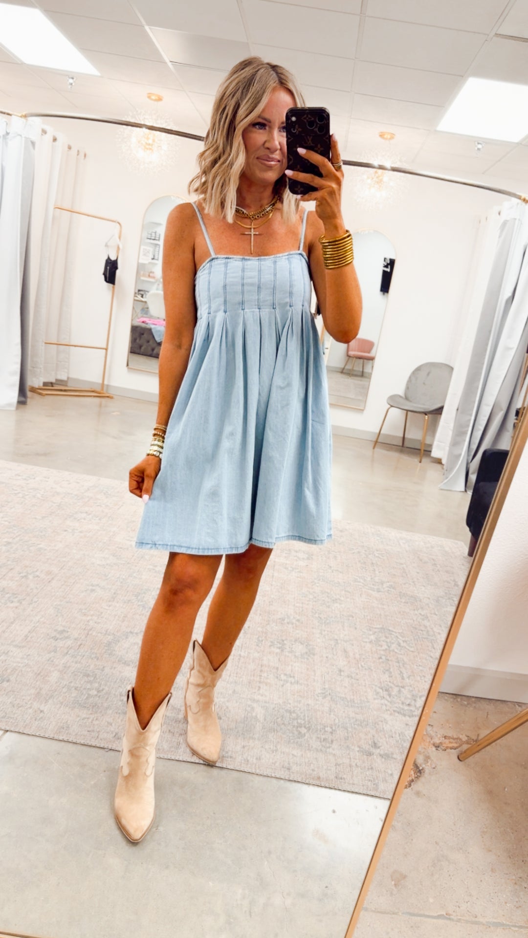 Teagan Pleated Mini Dress-Light Denim