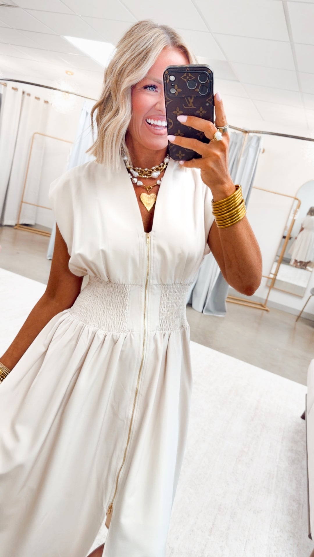 The Aveline Smocked Midi Dress-Champagne