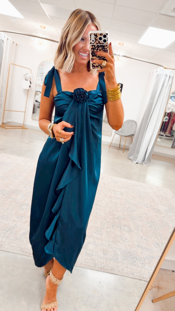 Amara Cascading Ruffle Dress-Teal Green