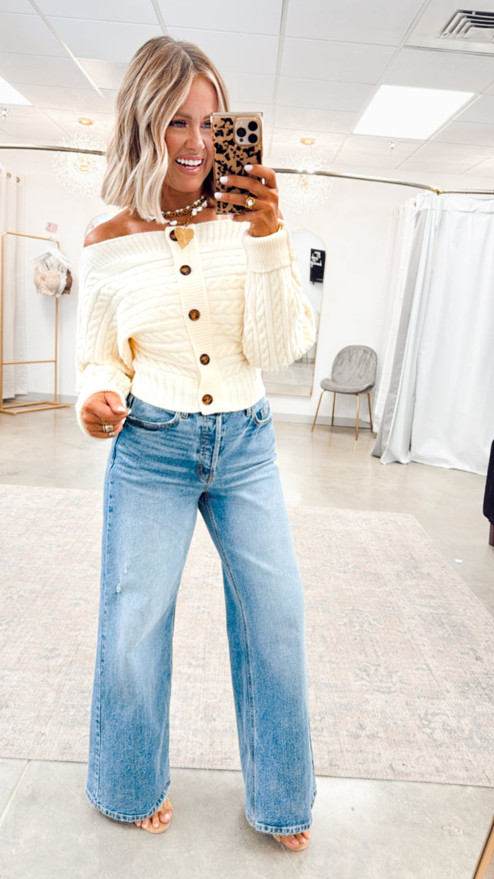 Off Shoulder Sweater Top-Ivory
