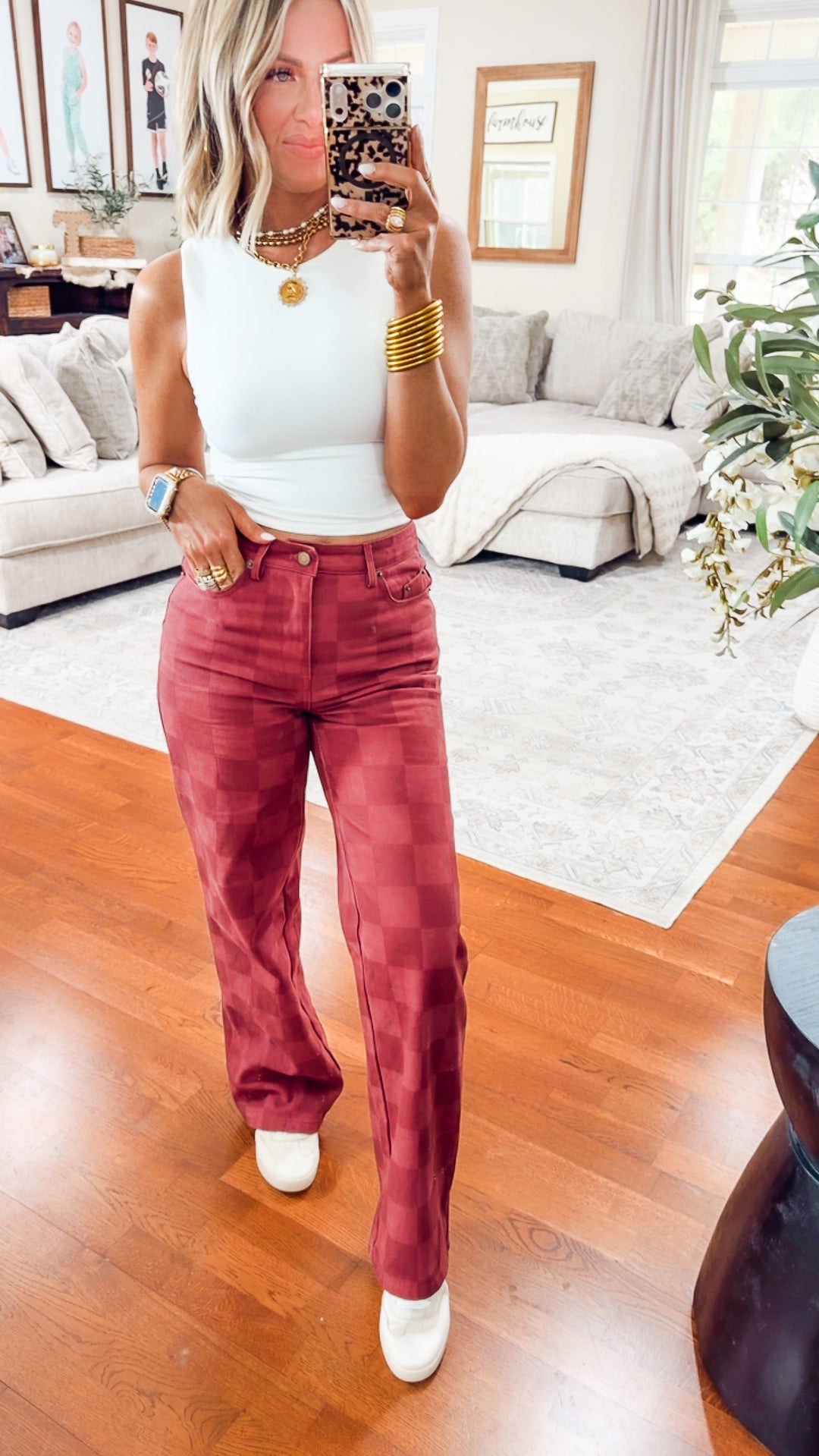 The Checkmate Cutie Jeans-Burgundy