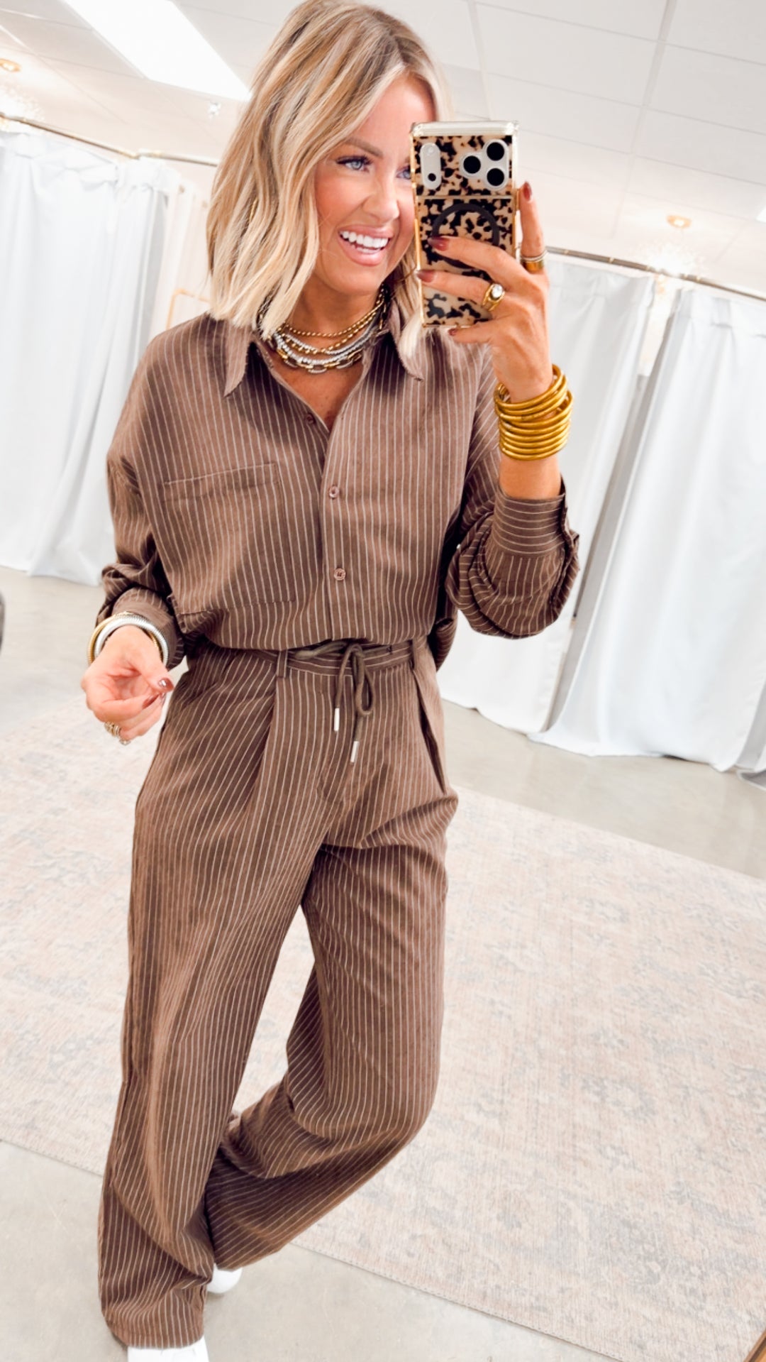 Lexi Pinstripe Top & Pants Set-Brown