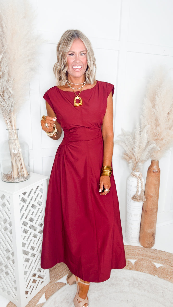 Marigold Ruched Midi Dress-Wine