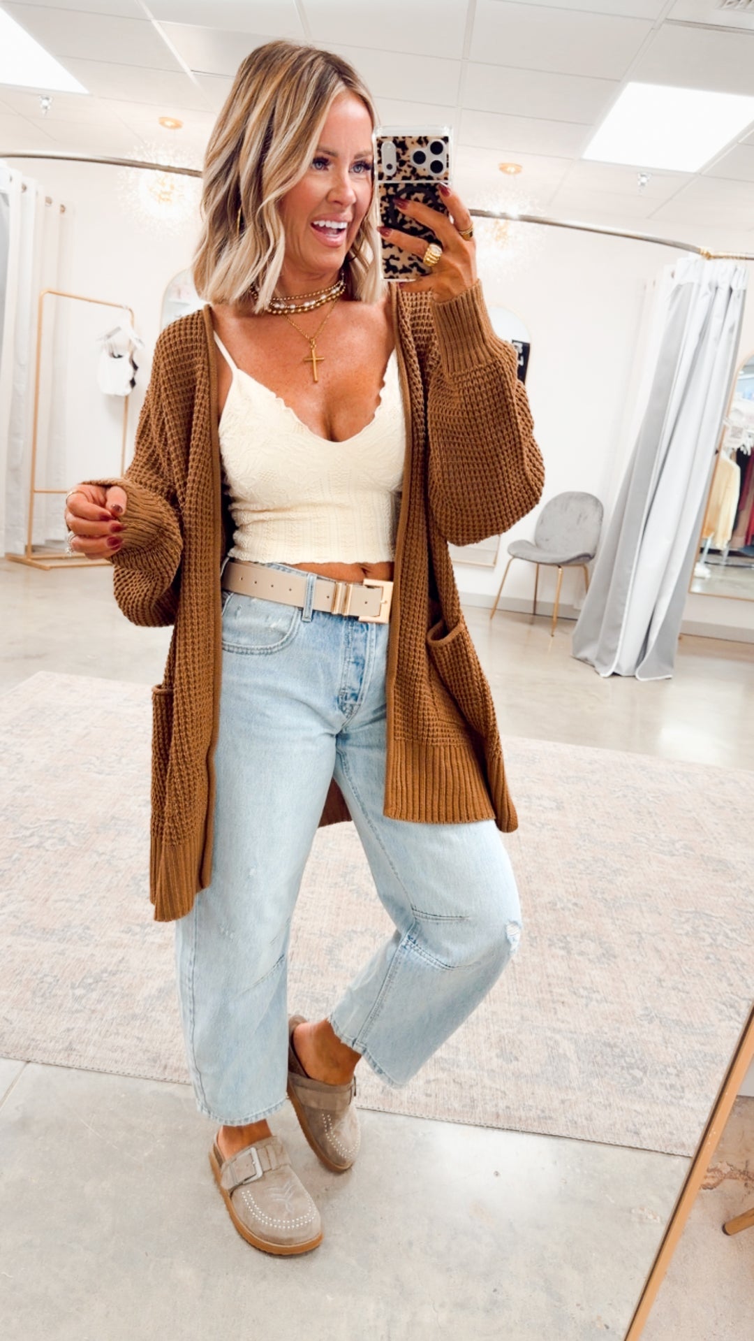 Deep Camel Waffle Weave Cardigan