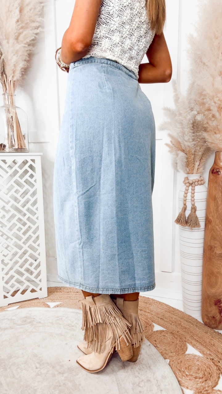 The Washed Denim Wrap Midi Skirt-Light