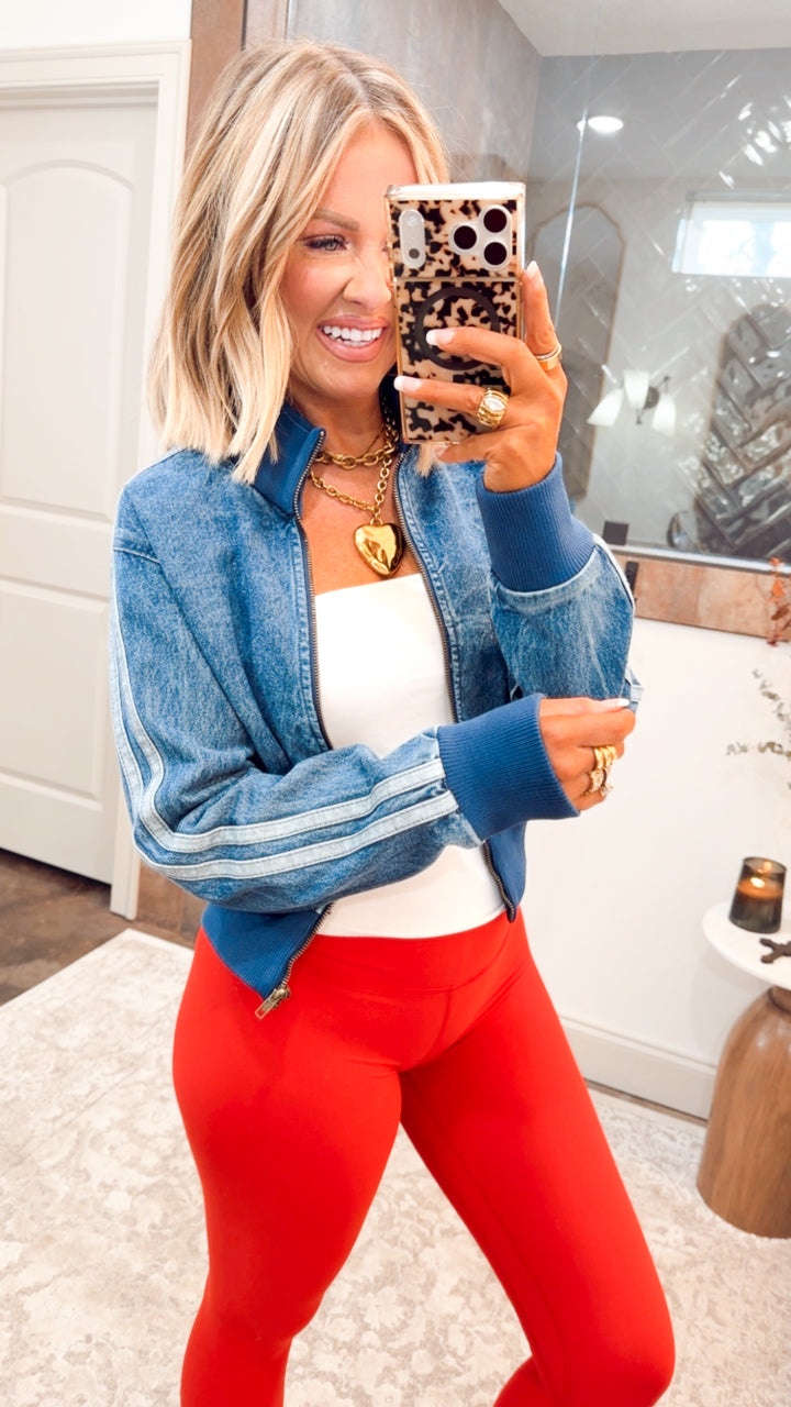 The Varsity Denim Jacket-Medium Wash