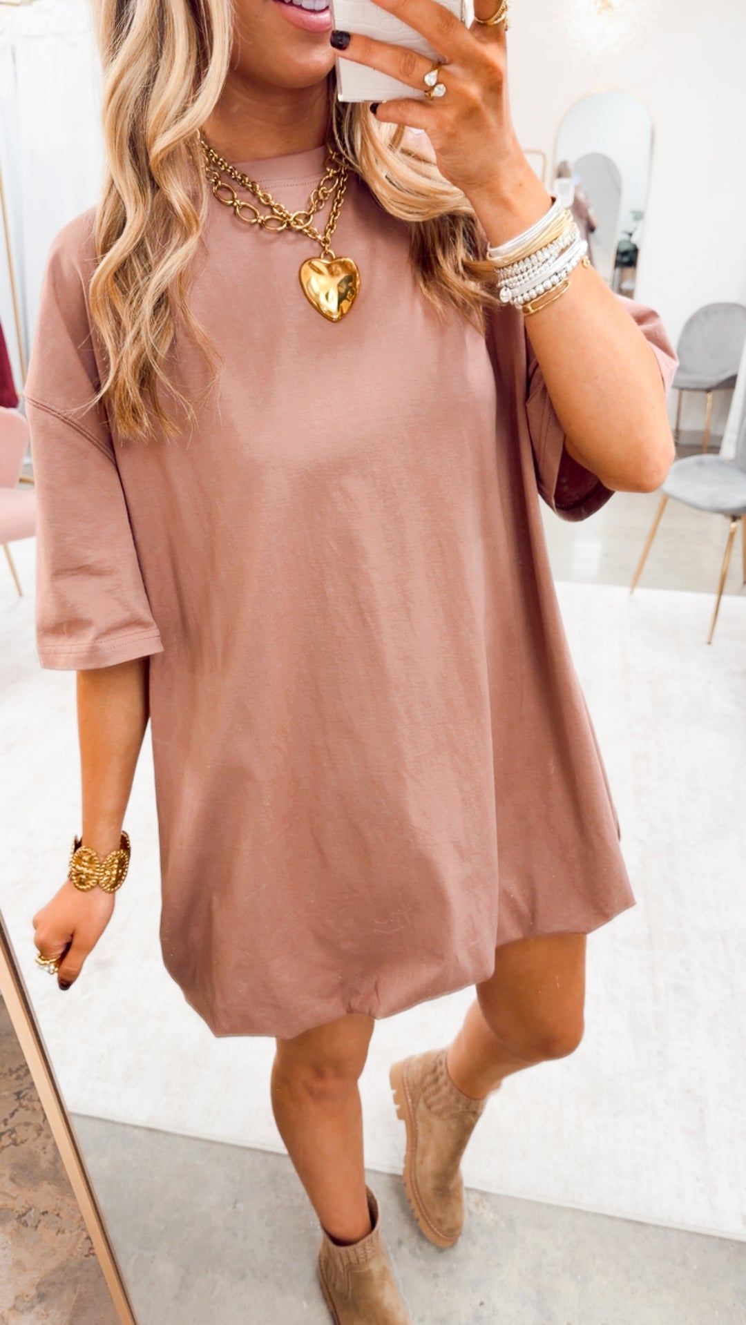 Bubble Hem T-shirt Dress-Mocha