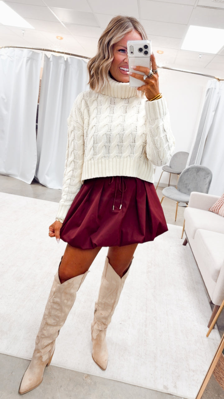 Pleated Bubble Hem Skirt-Maroon